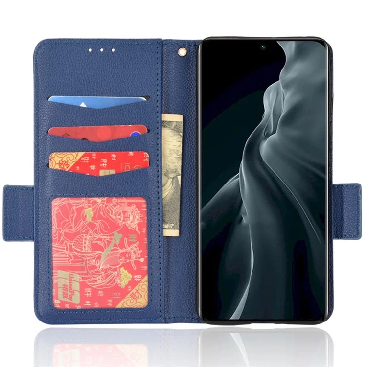 Litchi Texture Phone Cover for Xiaomi 12 Lite 5G, Wallet Stand PU Leather Side Magnetic Clasp Case - Dark Blue