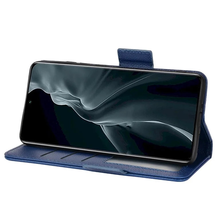 Litchi Texture Phone Cover for Xiaomi 12 Lite 5G, Wallet Stand PU Leather Side Magnetic Clasp Case - Dark Blue