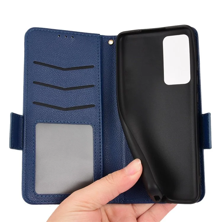 Litchi Texture Phone Cover for Xiaomi 12 Lite 5G, Wallet Stand PU Leather Side Magnetic Clasp Case - Dark Blue