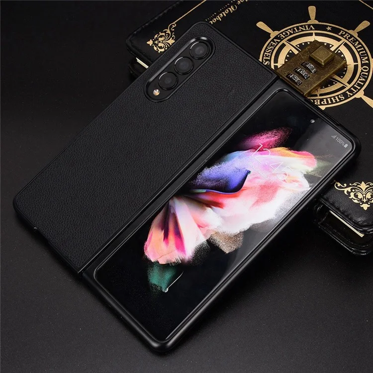 Para Samsung Galaxy Z Fold4 5G Anti-scratch Litchi Texture PU Cuero Case de PC Recubierta de Choque Cubierta de Teléfono Celular - Negro