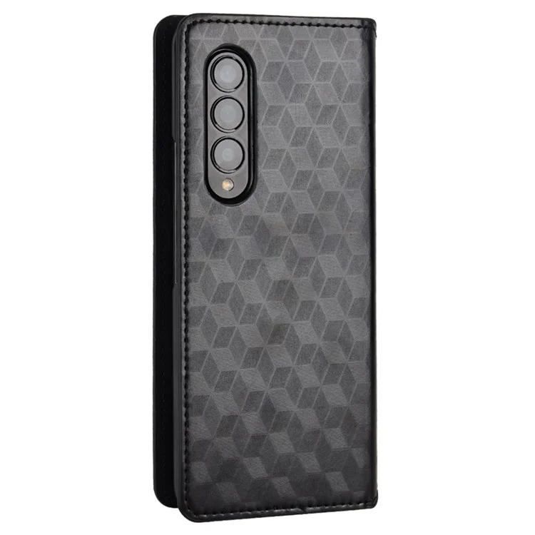 Para Samsung Galaxy Z Fold4 5G Funda de piel sintética + PC Carcasa magnética Absorción automática Diseño de impresión de rombo Soporte Billetera Funda para teléfono - Negro