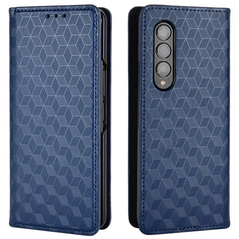 For Samsung Galaxy Z Fold4 5G PU Leather + PC Case Magnetic Auto-absorbed Imprinting Rhombus Pattern Stand Wallet Phone Cover - Blue