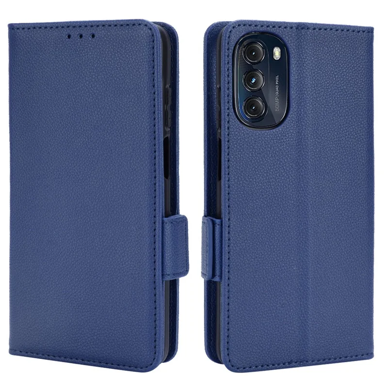 Capa de Textura de Couro PU Litchi Para Motorola Moto G (2022) 5G, Capa de Telefone Com um Pedaço Magnético Lateral Com Suporte de Carteira - Azul Escuro