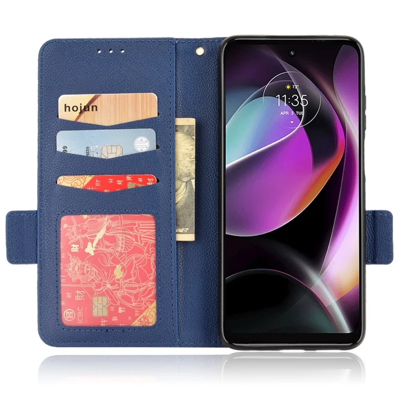 Capa de Textura de Couro PU Litchi Para Motorola Moto G (2022) 5G, Capa de Telefone Com um Pedaço Magnético Lateral Com Suporte de Carteira - Azul Escuro