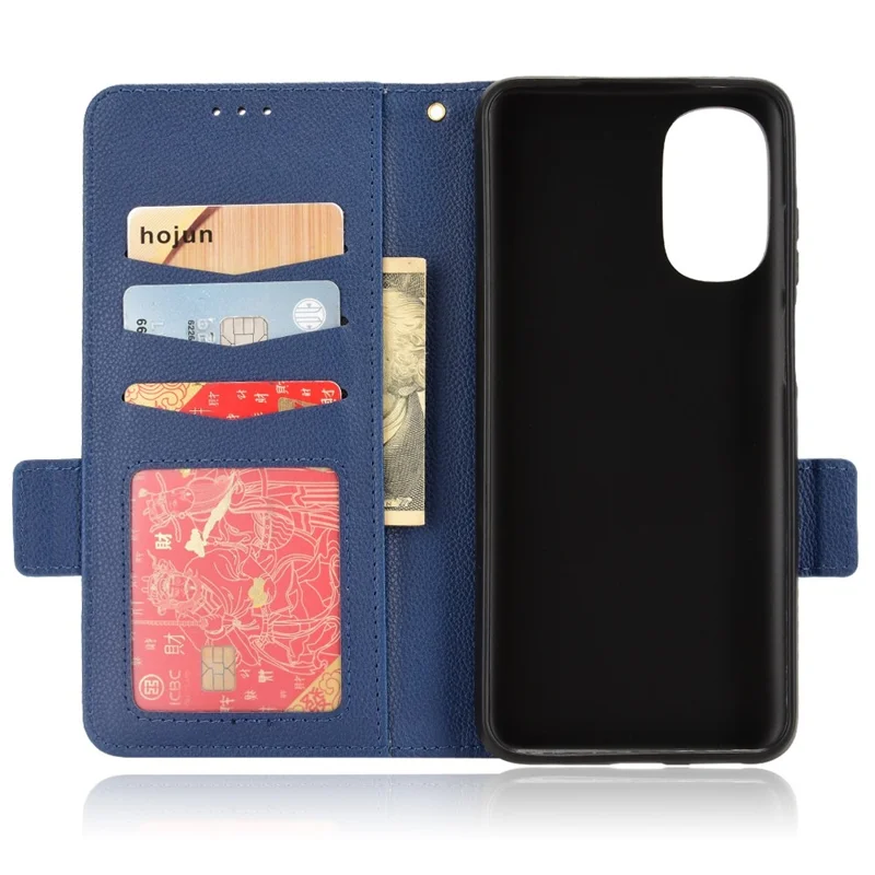 Capa de Textura de Couro PU Litchi Para Motorola Moto G (2022) 5G, Capa de Telefone Com um Pedaço Magnético Lateral Com Suporte de Carteira - Azul Escuro