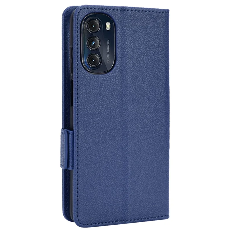 Capa de Textura de Couro PU Litchi Para Motorola Moto G (2022) 5G, Capa de Telefone Com um Pedaço Magnético Lateral Com Suporte de Carteira - Azul Escuro