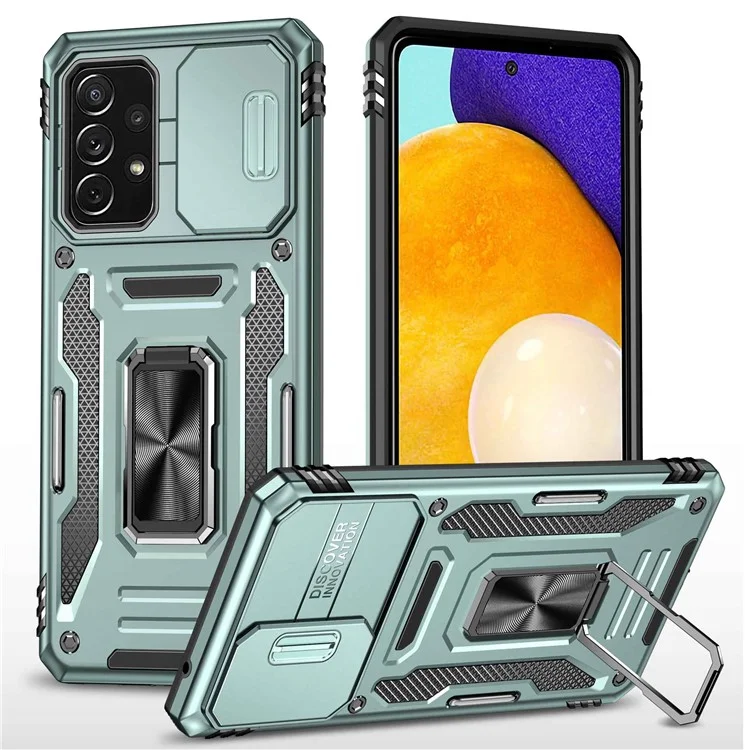 For Samsung Galaxy A52 4G / 5G  /  A52s 5G Anti-scratch Phone Case Slide Camera Cover PC + TPU Ring Kickstand Cell Phone Shell - Alpine Green