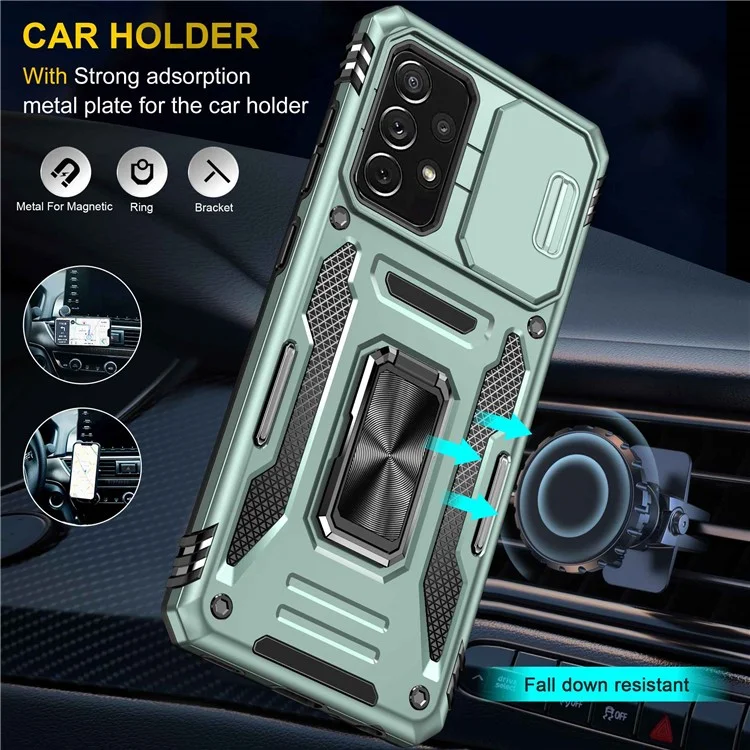 For Samsung Galaxy A52 4G / 5G  /  A52s 5G Anti-scratch Phone Case Slide Camera Cover PC + TPU Ring Kickstand Cell Phone Shell - Alpine Green