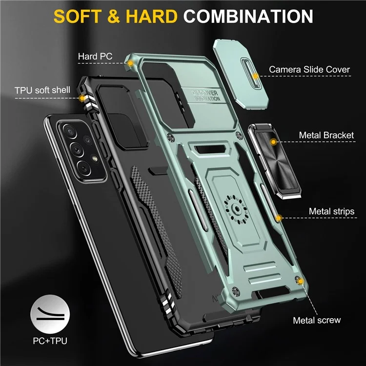 For Samsung Galaxy A52 4G / 5G  /  A52s 5G Anti-scratch Phone Case Slide Camera Cover PC + TPU Ring Kickstand Cell Phone Shell - Alpine Green