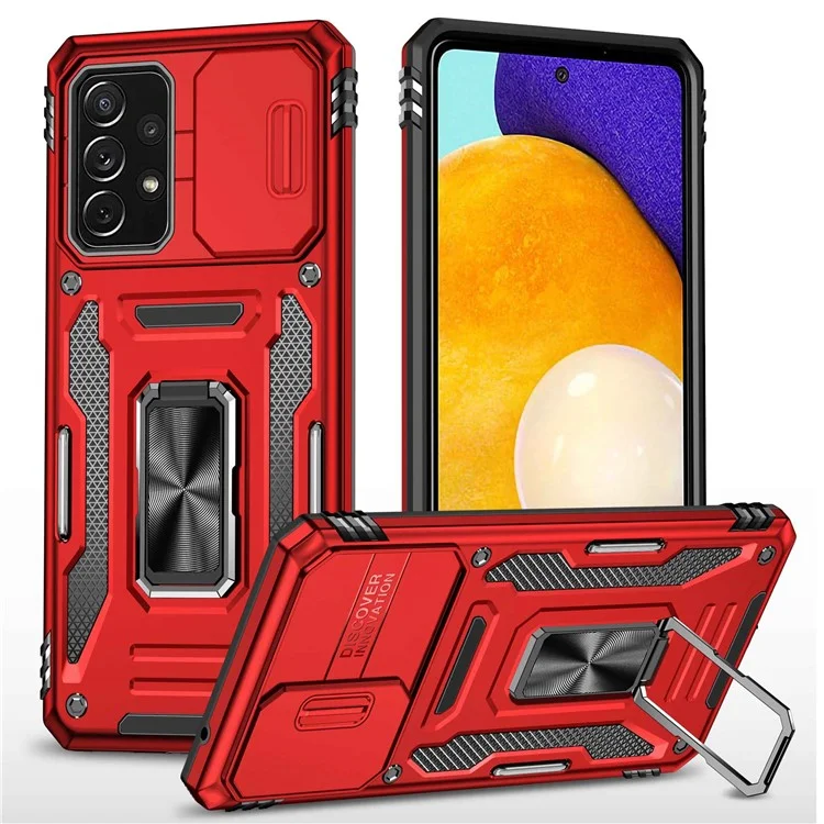 Pour Samsung Galaxy A52 4G / 5G / A52s 5G Étui de protection pour téléphone anti-rayures Couvercle coulissant pour appareil photo PC + Anneau de support TPU Coque de téléphone portable - Rouge