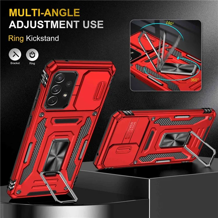 Pour Samsung Galaxy A52 4G / 5G / A52s 5G Étui de protection pour téléphone anti-rayures Couvercle coulissant pour appareil photo PC + Anneau de support TPU Coque de téléphone portable - Rouge