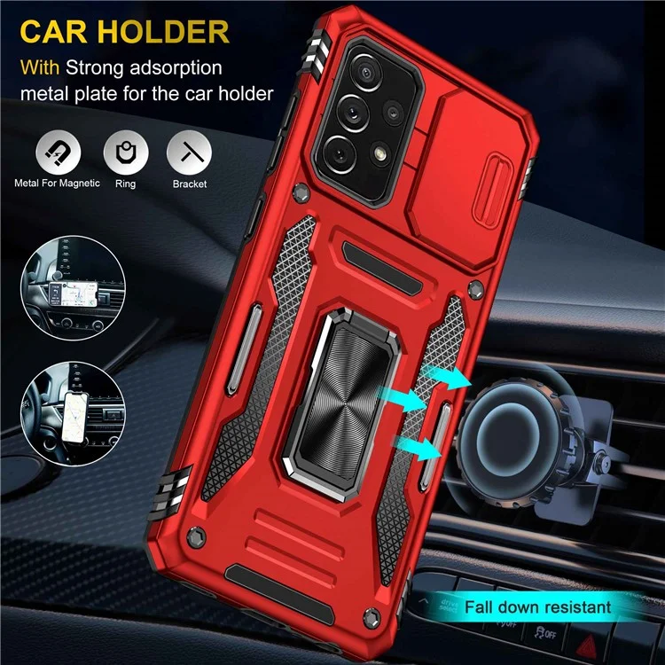 Pour Samsung Galaxy A52 4G / 5G / A52s 5G Étui de protection pour téléphone anti-rayures Couvercle coulissant pour appareil photo PC + Anneau de support TPU Coque de téléphone portable - Rouge