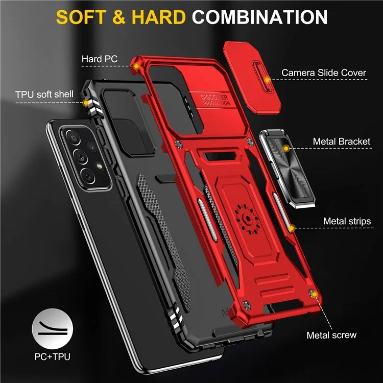 Pour Samsung Galaxy A52 4G / 5G / A52s 5G Étui de protection pour téléphone anti-rayures Couvercle coulissant pour appareil photo PC + Anneau de support TPU Coque de téléphone portable - Rouge