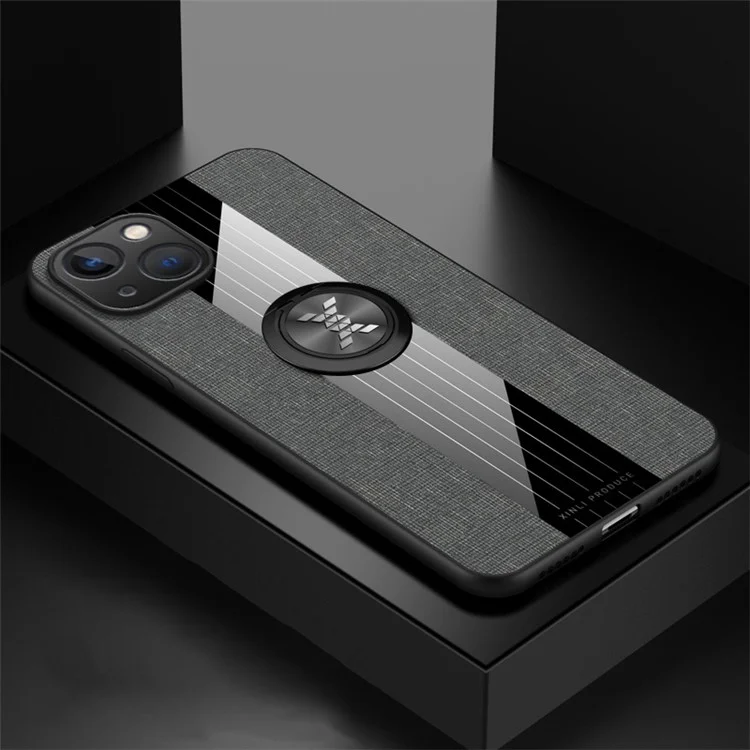 Para Iphone 14 Máximo de 6,7 Polegadas de Pano de Textura Anel de Textura Capa de Telefone TPU + PC Com Folha de Metal de Montagem no Carro - Cinza