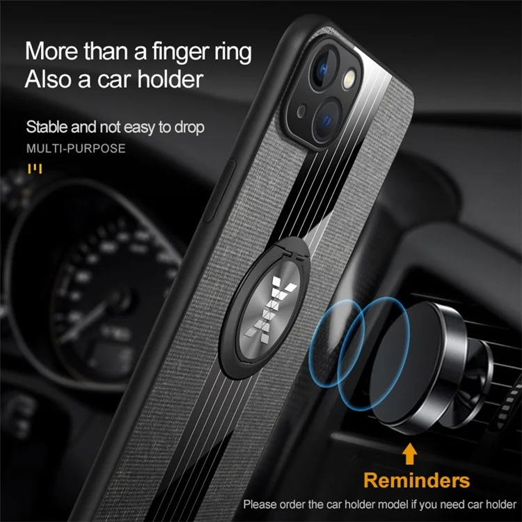 Para Iphone 14 Máximo de 6,7 Polegadas de Pano de Textura Anel de Textura Capa de Telefone TPU + PC Com Folha de Metal de Montagem no Carro - Cinza