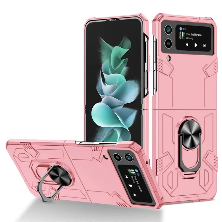 Pour Samsung Galaxy Z Flip4 5G Metal Ring Holder Kickstand Folding Phone Case avec Car Mount Metal Sheet - Rose