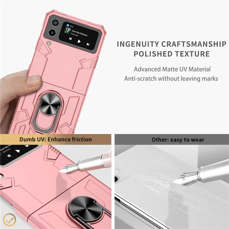 Pour Samsung Galaxy Z Flip4 5G Metal Ring Holder Kickstand Folding Phone Case avec Car Mount Metal Sheet - Rose
