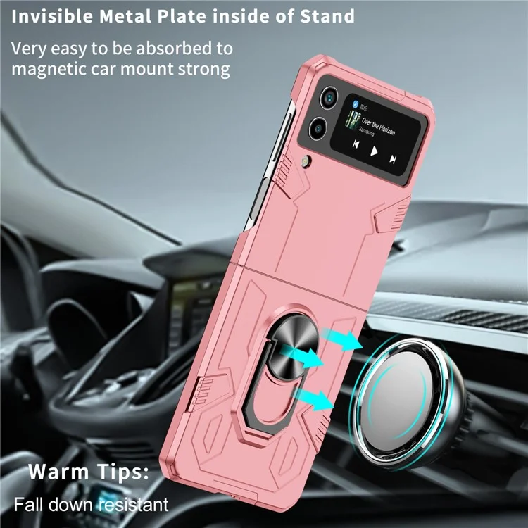 Pour Samsung Galaxy Z Flip4 5G Metal Ring Holder Kickstand Folding Phone Case avec Car Mount Metal Sheet - Rose