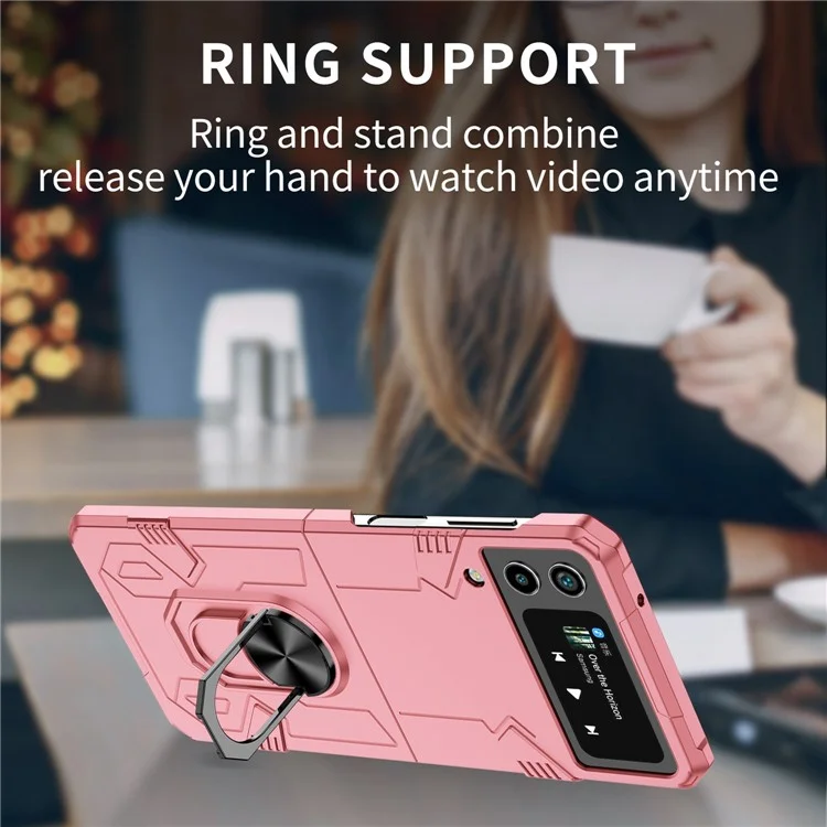 Pour Samsung Galaxy Z Flip4 5G Metal Ring Holder Kickstand Folding Phone Case avec Car Mount Metal Sheet - Rose