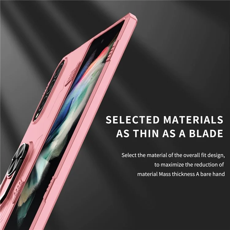 Для Samsung Galaxy Z Fold4 5G Металлическая кольцевая держатель Kickstand Cover Shockproof Hard PC Folding Phone Case с автомобильным креплением Metal Sheet - Розовый