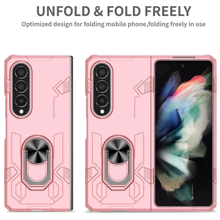 Для Samsung Galaxy Z Fold4 5G Металлическая кольцевая держатель Kickstand Cover Shockproof Hard PC Folding Phone Case с автомобильным креплением Metal Sheet - Розовый