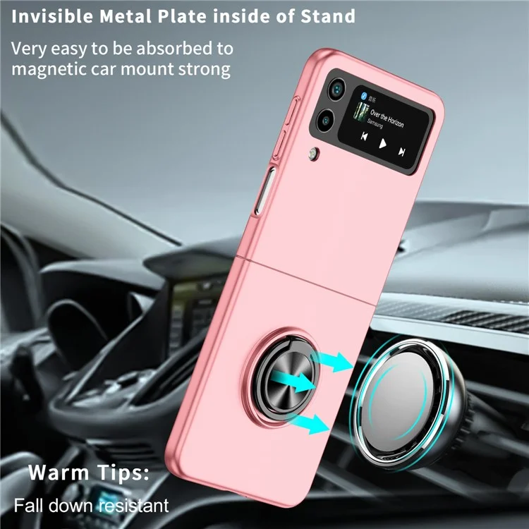 For Samsung Galaxy Z Flip4 5G Adjustable Kickstand Anti-drop Folding PC Phone Case with Car Mount Metal Sheet - Pink