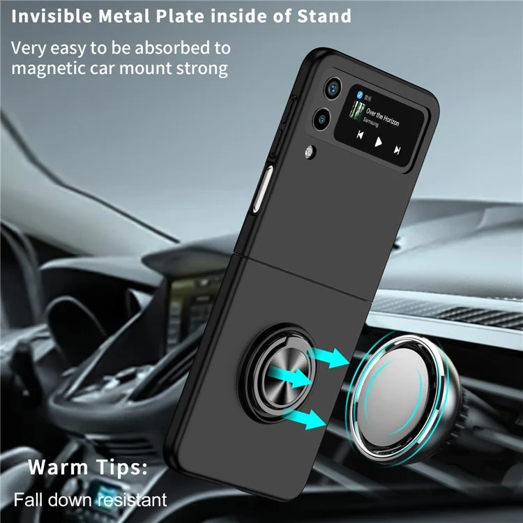 Pour Samsung Galaxy Z Flip4 5G Ajustable Kickstand Anti-drop Folding PC Phone Case avec Car Mount Metal Sheet - Noir