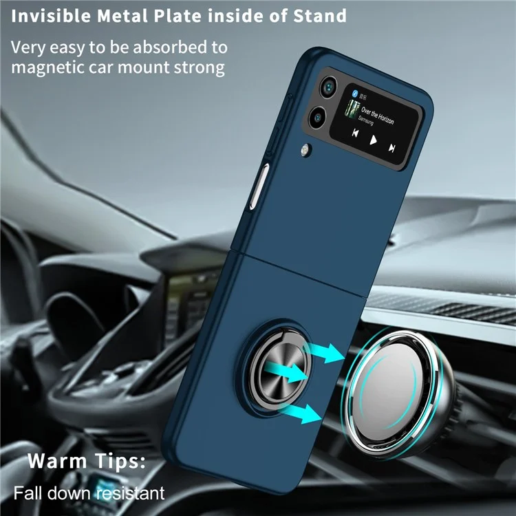 Per Samsung Galaxy Z Flip4 5G Supporto regolabile Anti-caduta Custodia per telefono pieghevole in PC con supporto per auto in metallo - Blu scuro