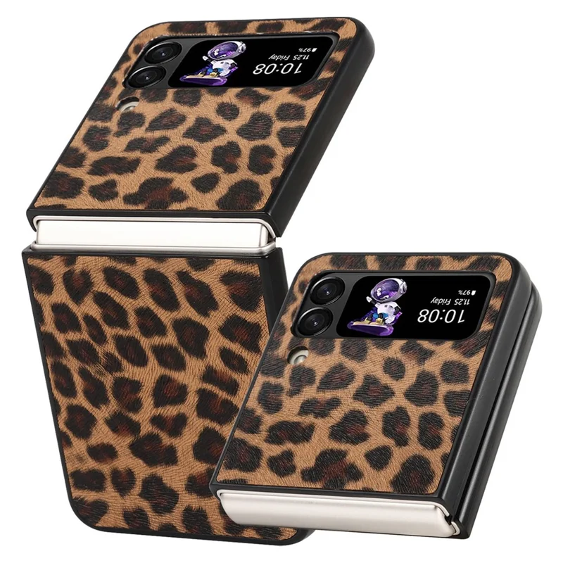 For Samsung Galaxy Z Flip4 5G Anti-scratch Folding Phone Case PU Leather Coated Hard PC Back Cover - Yellow / Leopard Texture