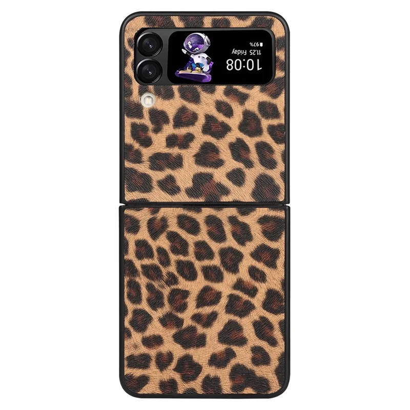For Samsung Galaxy Z Flip4 5G Anti-scratch Folding Phone Case PU Leather Coated Hard PC Back Cover - Yellow / Leopard Texture
