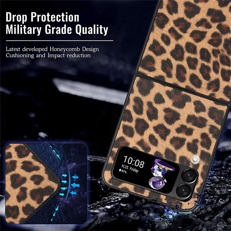 For Samsung Galaxy Z Flip4 5G Anti-scratch Folding Phone Case PU Leather Coated Hard PC Back Cover - Yellow / Leopard Texture