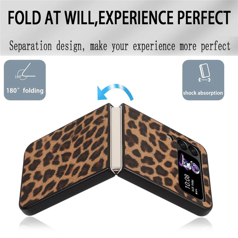 For Samsung Galaxy Z Flip4 5G Anti-scratch Folding Phone Case PU Leather Coated Hard PC Back Cover - Yellow / Leopard Texture