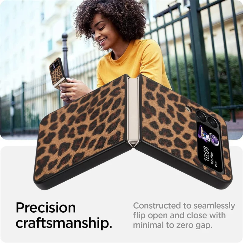 For Samsung Galaxy Z Flip4 5G Anti-scratch Folding Phone Case PU Leather Coated Hard PC Back Cover - Yellow / Leopard Texture