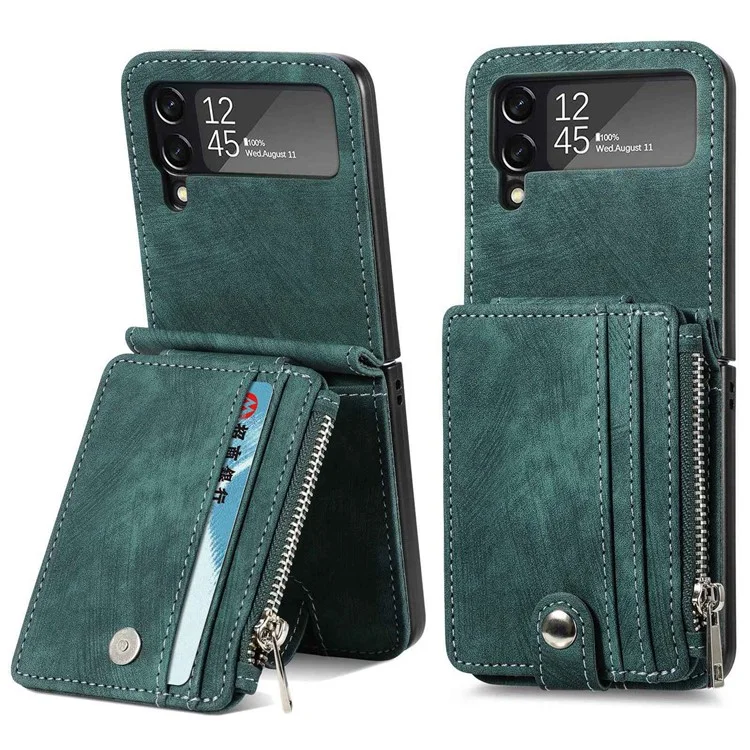 Für Samsung Galaxy Z Flip4 5G Mehrfach-Kartenfächer Reißverschlusstaschen Ein-Stück-Falthandy-Hülle Retro-Textur Leder beschichtet PC Ständer Cover - Dunkelgrün