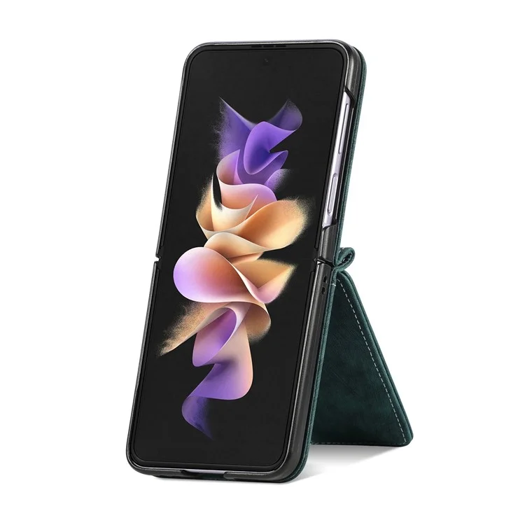 Für Samsung Galaxy Z Flip4 5G Mehrfach-Kartenfächer Reißverschlusstaschen Ein-Stück-Falthandy-Hülle Retro-Textur Leder beschichtet PC Ständer Cover - Dunkelgrün