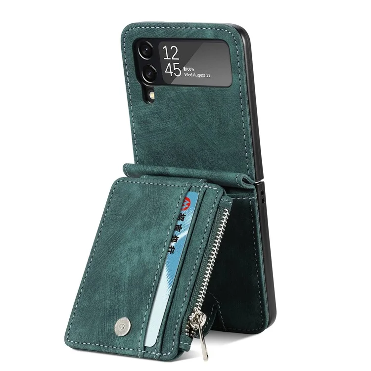Für Samsung Galaxy Z Flip4 5G Mehrfach-Kartenfächer Reißverschlusstaschen Ein-Stück-Falthandy-Hülle Retro-Textur Leder beschichtet PC Ständer Cover - Dunkelgrün