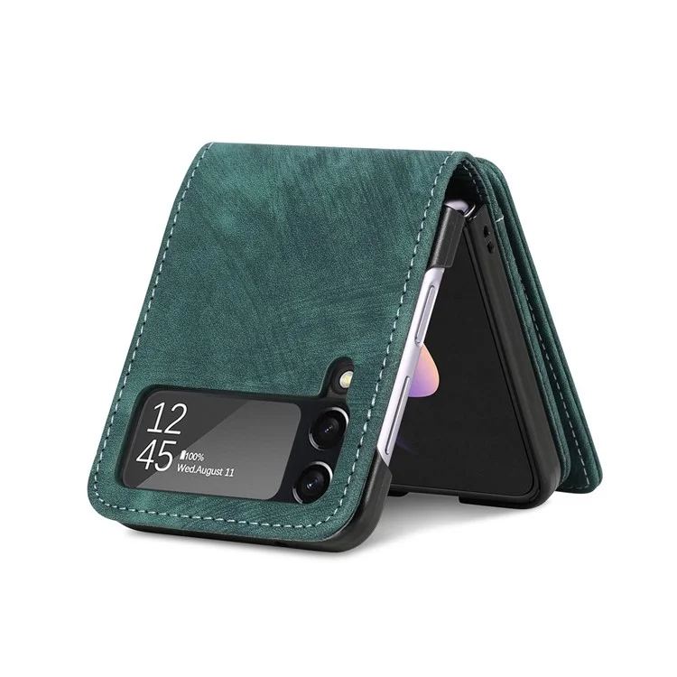 Für Samsung Galaxy Z Flip4 5G Mehrfach-Kartenfächer Reißverschlusstaschen Ein-Stück-Falthandy-Hülle Retro-Textur Leder beschichtet PC Ständer Cover - Dunkelgrün