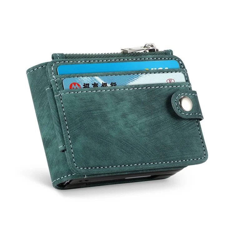 Für Samsung Galaxy Z Flip4 5G Mehrfach-Kartenfächer Reißverschlusstaschen Ein-Stück-Falthandy-Hülle Retro-Textur Leder beschichtet PC Ständer Cover - Dunkelgrün