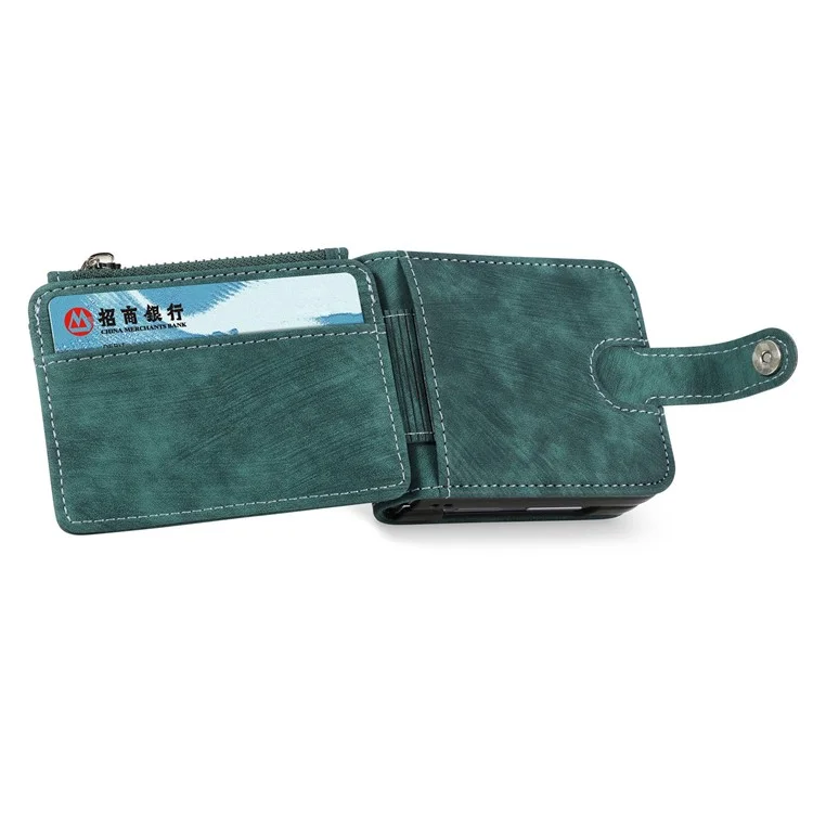 Für Samsung Galaxy Z Flip4 5G Mehrfach-Kartenfächer Reißverschlusstaschen Ein-Stück-Falthandy-Hülle Retro-Textur Leder beschichtet PC Ständer Cover - Dunkelgrün