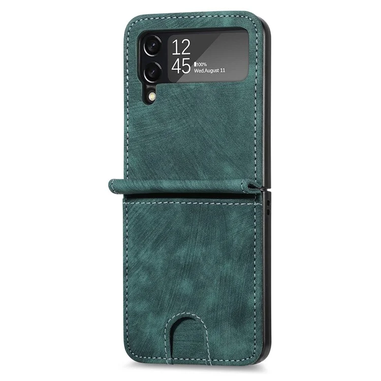Für Samsung Galaxy Z Flip4 5G Mehrfach-Kartenfächer Reißverschlusstaschen Ein-Stück-Falthandy-Hülle Retro-Textur Leder beschichtet PC Ständer Cover - Dunkelgrün