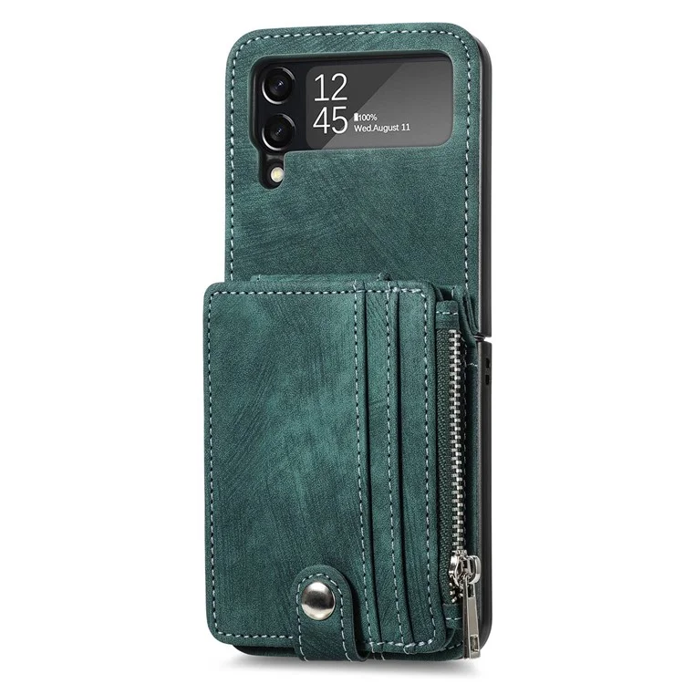 Für Samsung Galaxy Z Flip4 5G Mehrfach-Kartenfächer Reißverschlusstaschen Ein-Stück-Falthandy-Hülle Retro-Textur Leder beschichtet PC Ständer Cover - Dunkelgrün