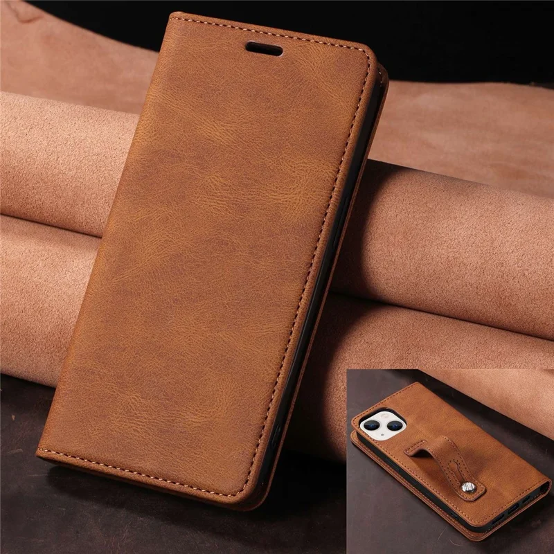 Para Iphone 14 Pro Máximo de 6,7 Polegadas à Prova de Telefone à Prova de Telefone Anti-arranhão PU Magnetic Couro Flip Cartet Stand Com Pulseira - Castanho
