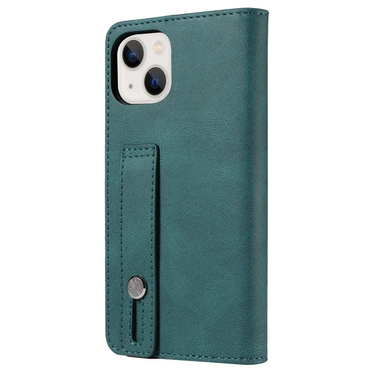 For iPhone 14 6.1 inch Shockproof Phone Flip Wallet Case Phone Cover Stand with Wristband - Green