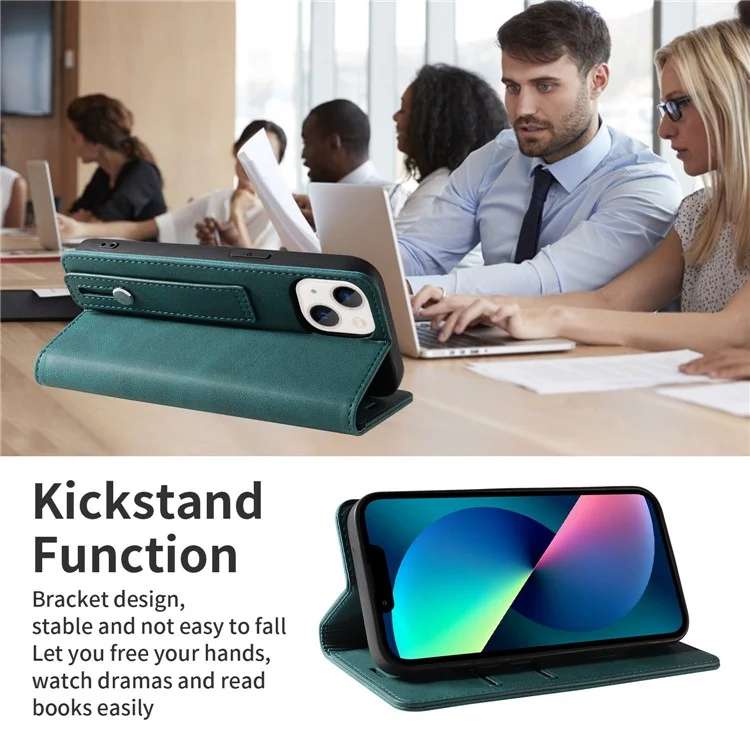 For iPhone 14 6.1 inch Shockproof Phone Flip Wallet Case Phone Cover Stand with Wristband - Green