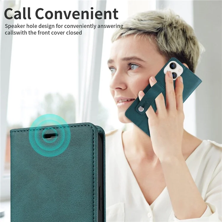 For iPhone 14 6.1 inch Shockproof Phone Flip Wallet Case Phone Cover Stand with Wristband - Green