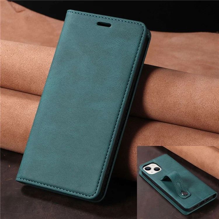 For iPhone 14 6.1 inch Shockproof Phone Flip Wallet Case Phone Cover Stand with Wristband - Green