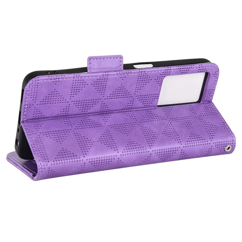 För Oppo A57 (2022) 5G / A77 5G / OnePlus Nord N300 5G / Realme Narzo 50 5G / V23 5G Skärmskyddande mobilskal med triangelmönster, intryckt magnetiskt vikbart läderskal med plånbok och ställfot - Lila