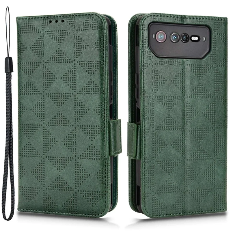 For Asus ROG Phone 6 5G Shockproof PU Leather Phone Case Triangle Pattern Imprinted Magnetic Flip Wallet Cover Stand with Strap - Green