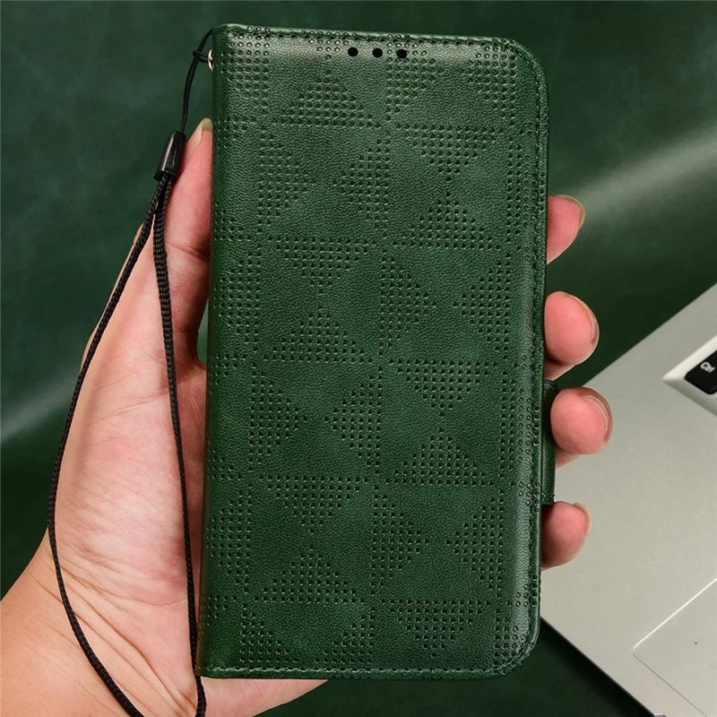 For Asus ROG Phone 6 5G Shockproof PU Leather Phone Case Triangle Pattern Imprinted Magnetic Flip Wallet Cover Stand with Strap - Green