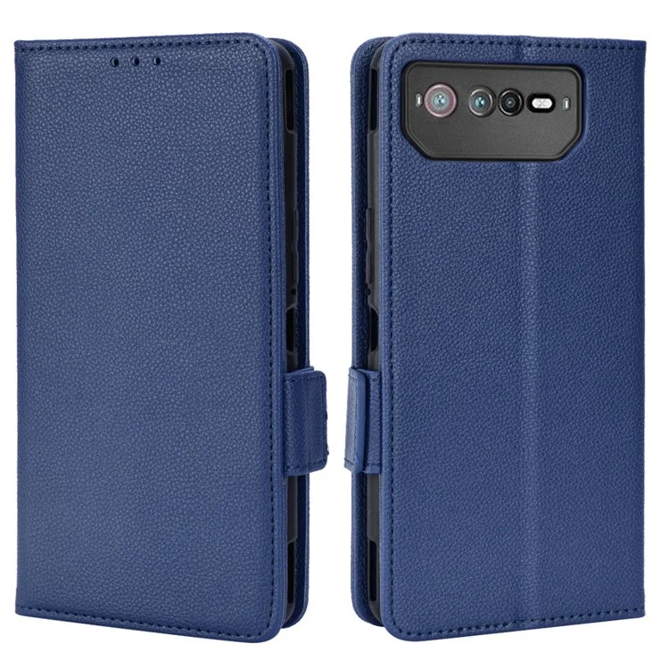Pour le Téléphone Asus ROG 6 5G / Téléphone 6 Pro 5G pu Leather Dual Magnetic Clasp Flip Cover Stand Compartiage Litchi Texture Wallet Purse - Bleu Foncé